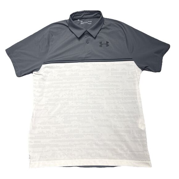 Under Armour HeatGear Polo Golf Shirt Mens Size Large Gray White Golfer - Picture 1 of 9